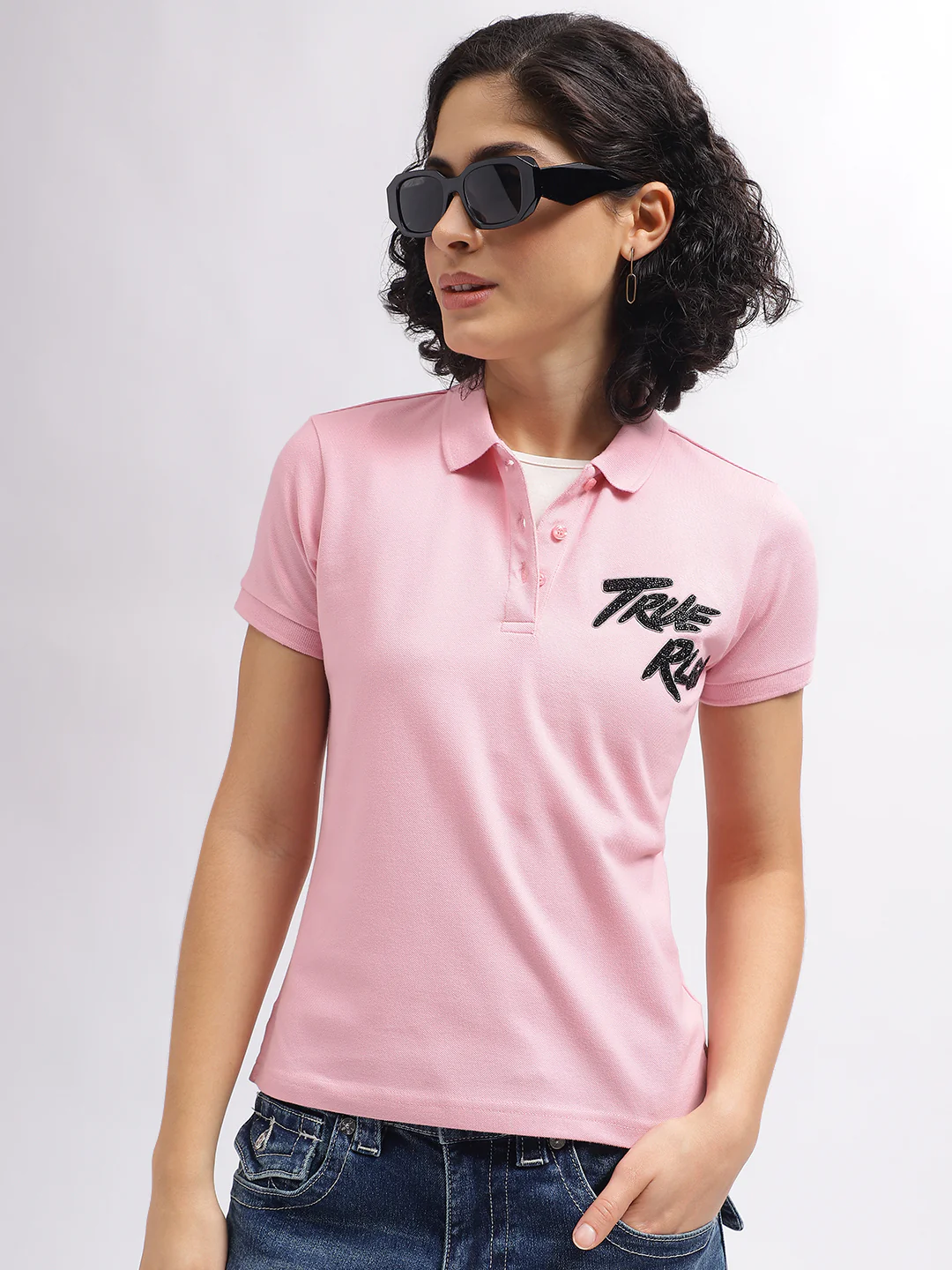 True Religion Women Pink Solid Polo Collar Short Sleeves T-Shirt - Image 2