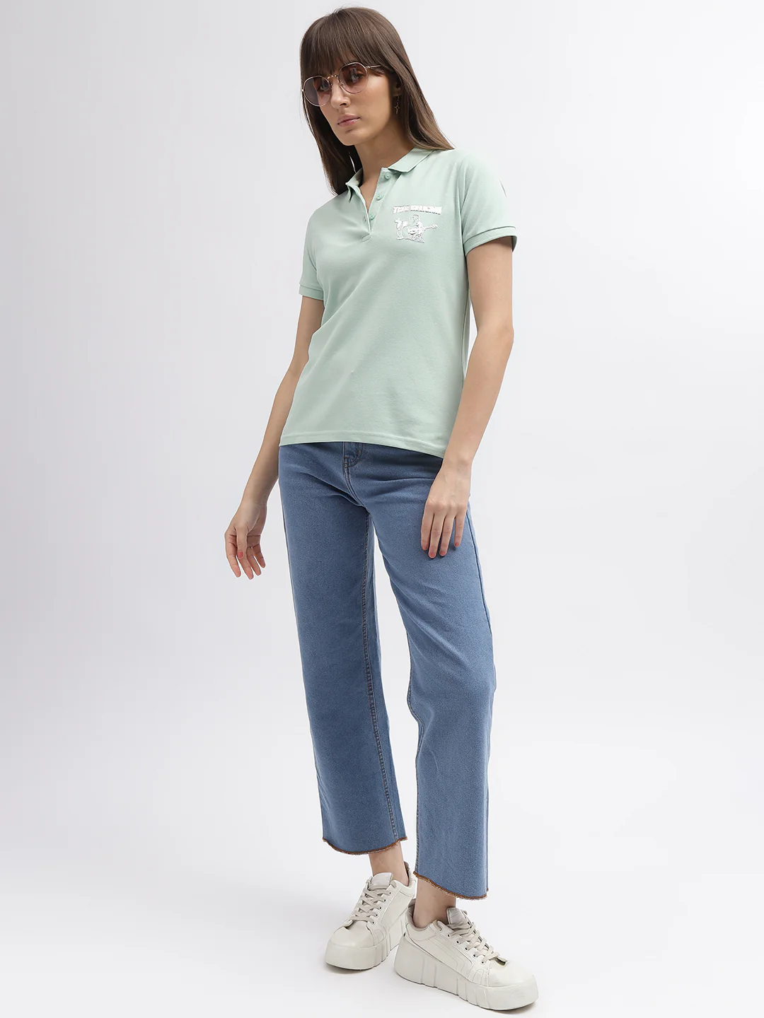 True Religion Women Green Solid Polo Collar Short Sleeves T-Shirt - Image 3
