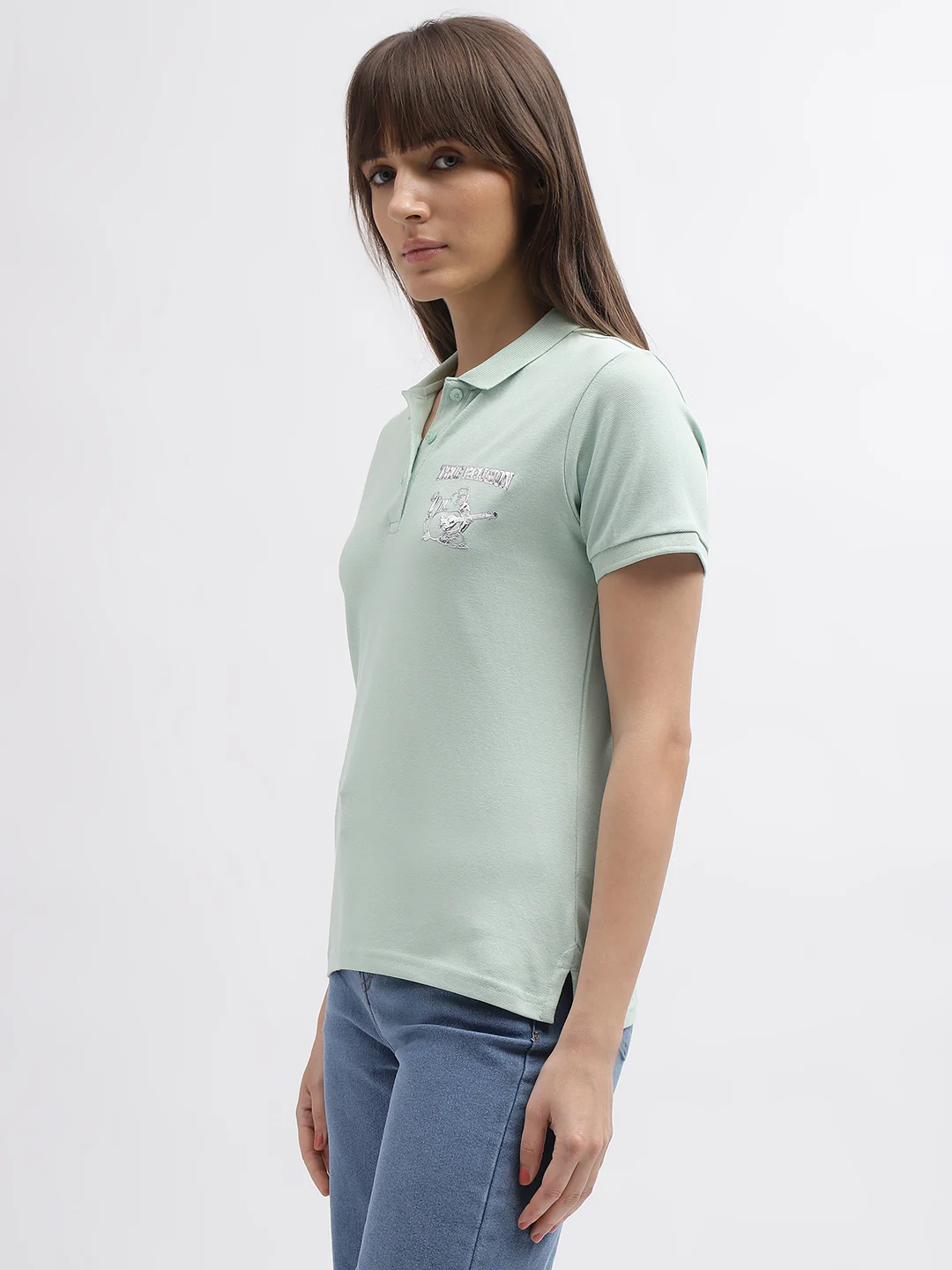 True Religion Women Green Solid Polo Collar Short Sleeves T-Shirt - Image 7