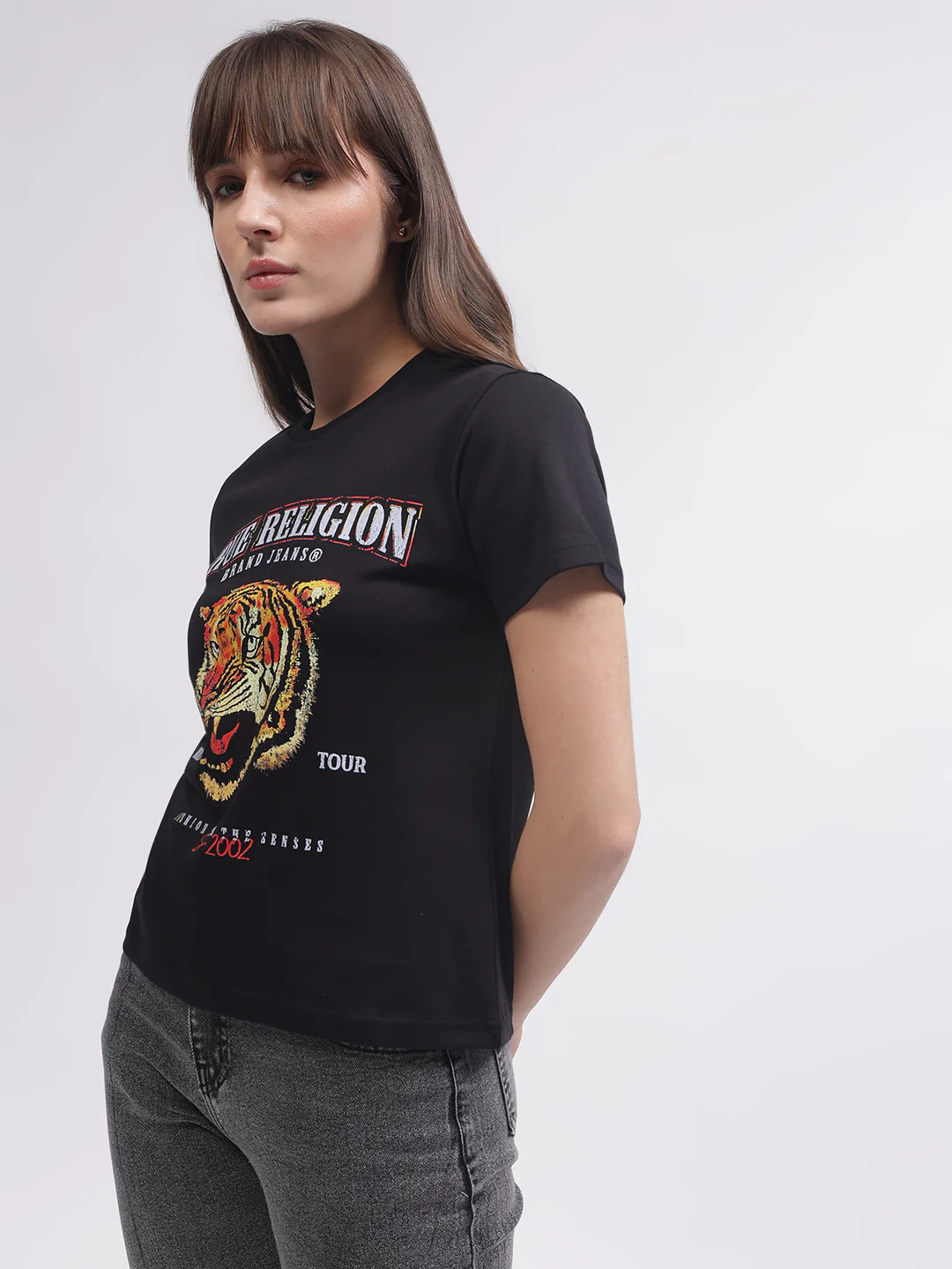 True Religion Women Black Printed Round Neck Short Sleeves T-shirt - Image 2
