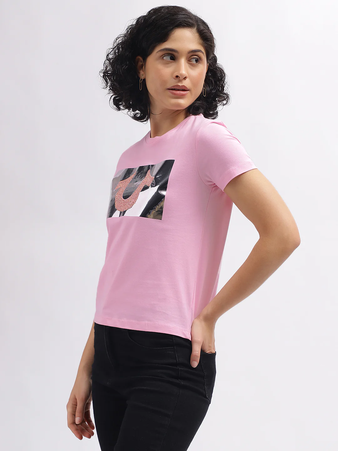 True Religion Women Pink Solid Round Neck Short Sleeves T-Shirt - Image 3