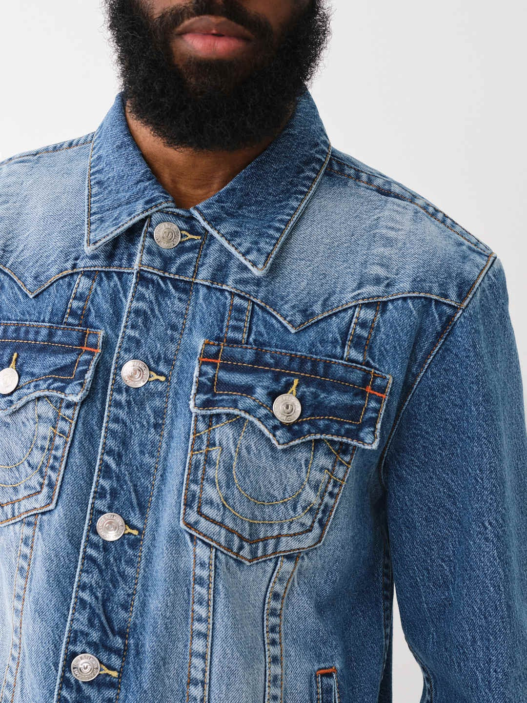 True Religion Men Blue Washed Spread Collar Full Sleeves Jacket - Image 2