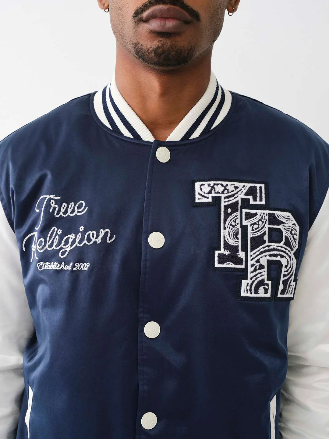 True Religion Men Blue Color-Blocked Stand Collar Full Sleeves Jacket - Image 4