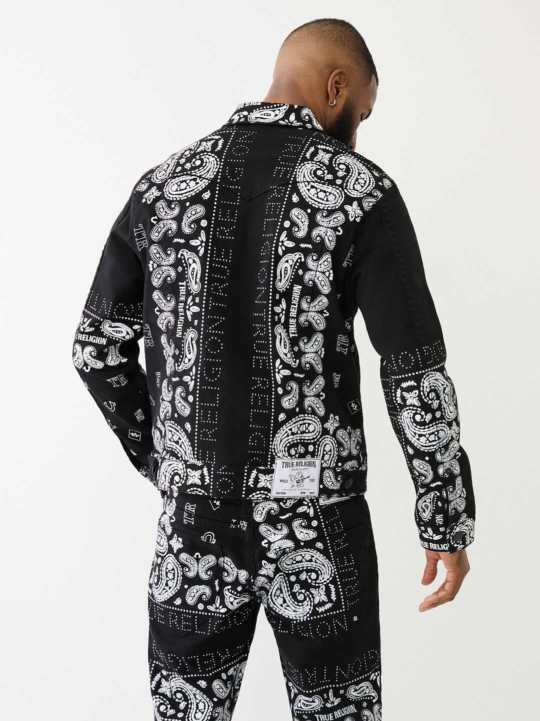 True Religion Men Black Printed Spread Collar Full Sleeves Jacket - Image 2