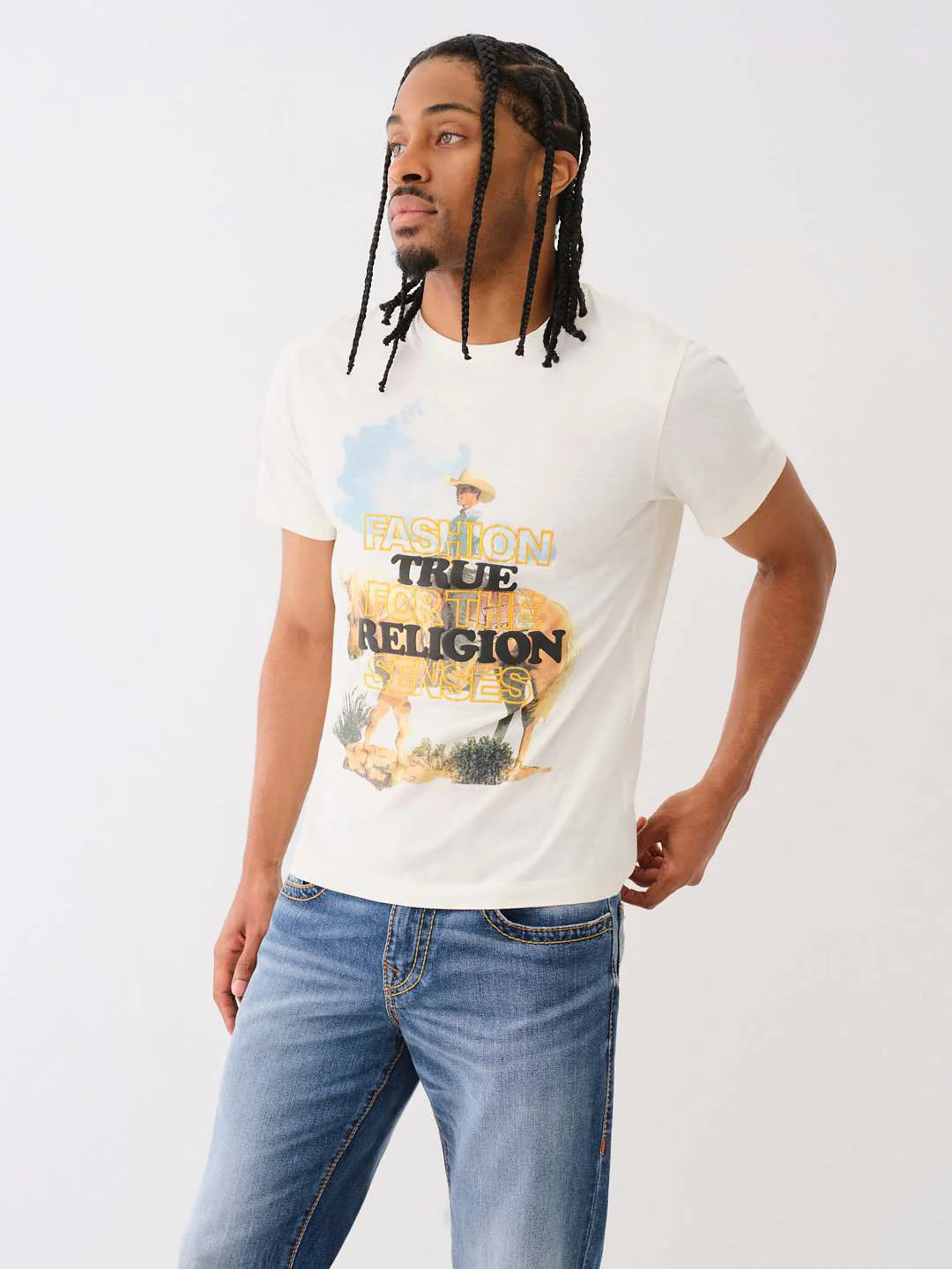 True Religion Men Cream Printed Round Neck Short Sleeves T-shirt - Image 3