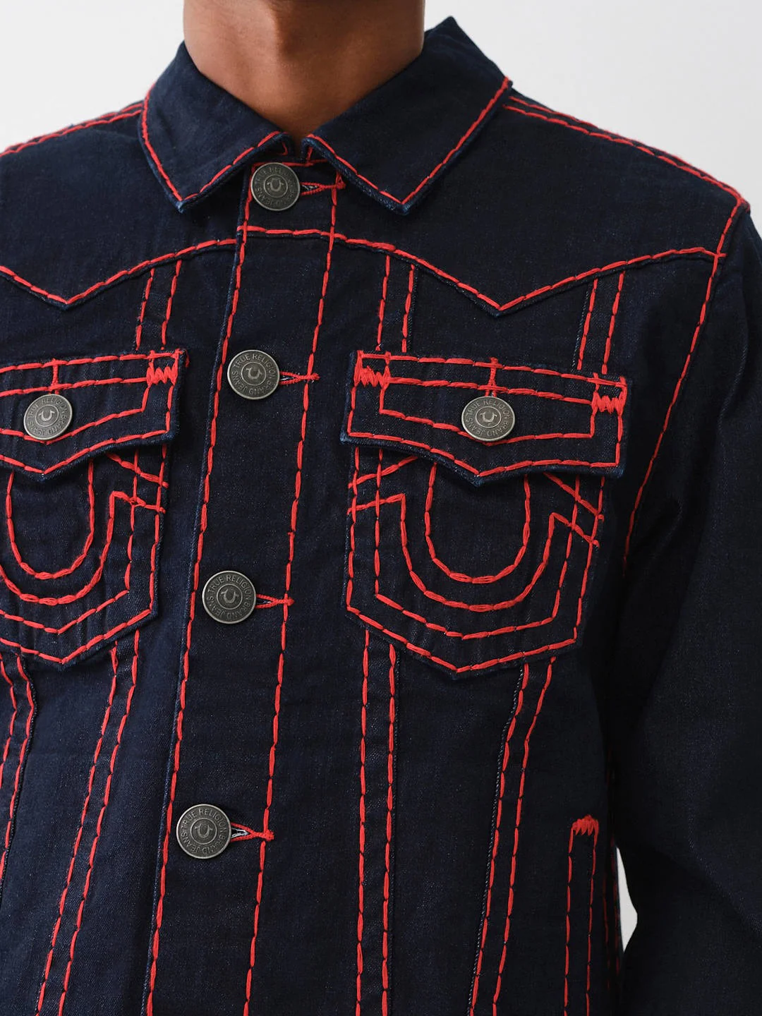 True Religion Men Blue Washed Spread Collar Full Sleeves Jacket - Image 6