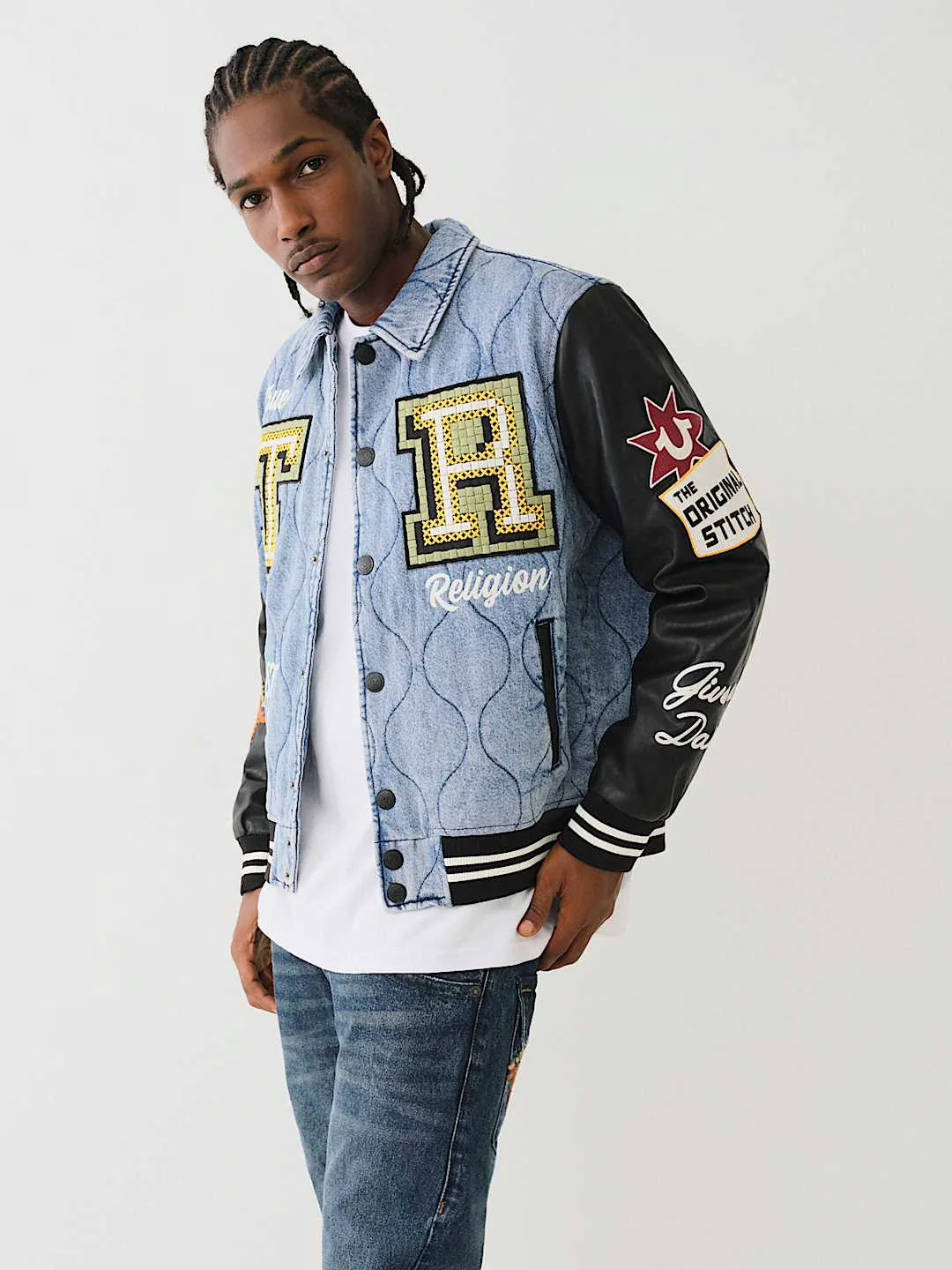 True Religion Men Blue Applique Spread Collar Full Sleeves Denim Jacket - Image 2
