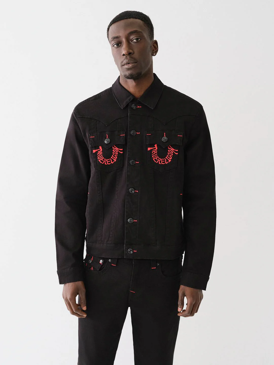 True Religion Men Black Embroidered Spread Collar Full Sleeves Jacket - Image 3