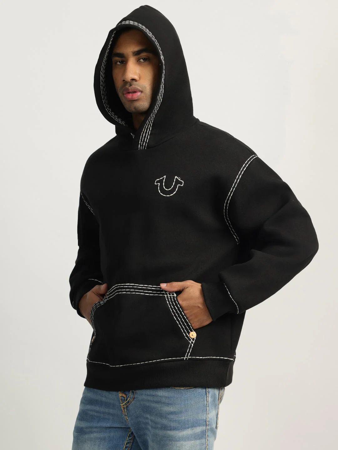 True Religion Men Black Self Design Hooded Full Sleeves Sweatshirt - Image 4