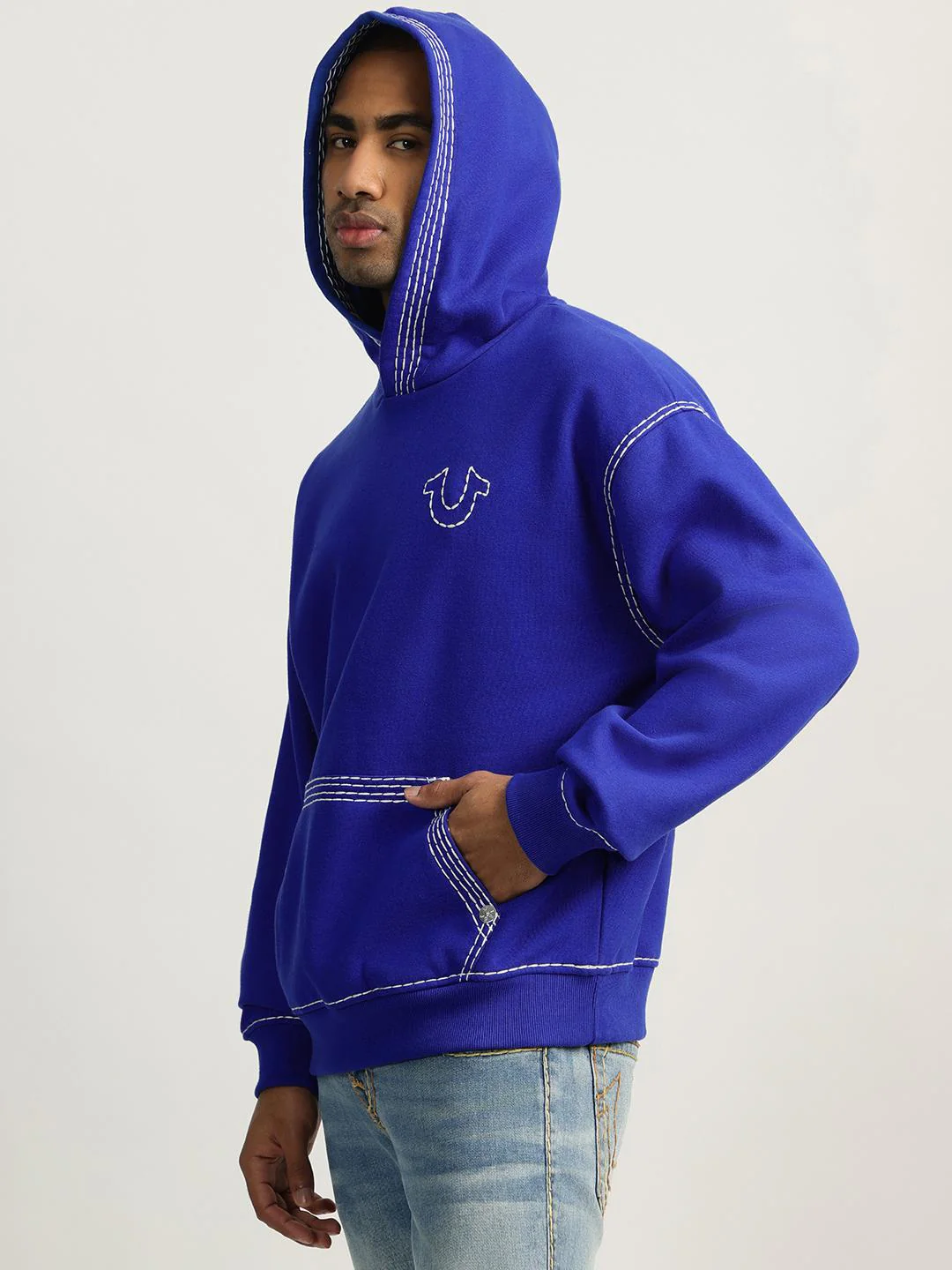 True Religion Men Blue Self Design Hooded Full Sleeves Sweatshirt - Image 7