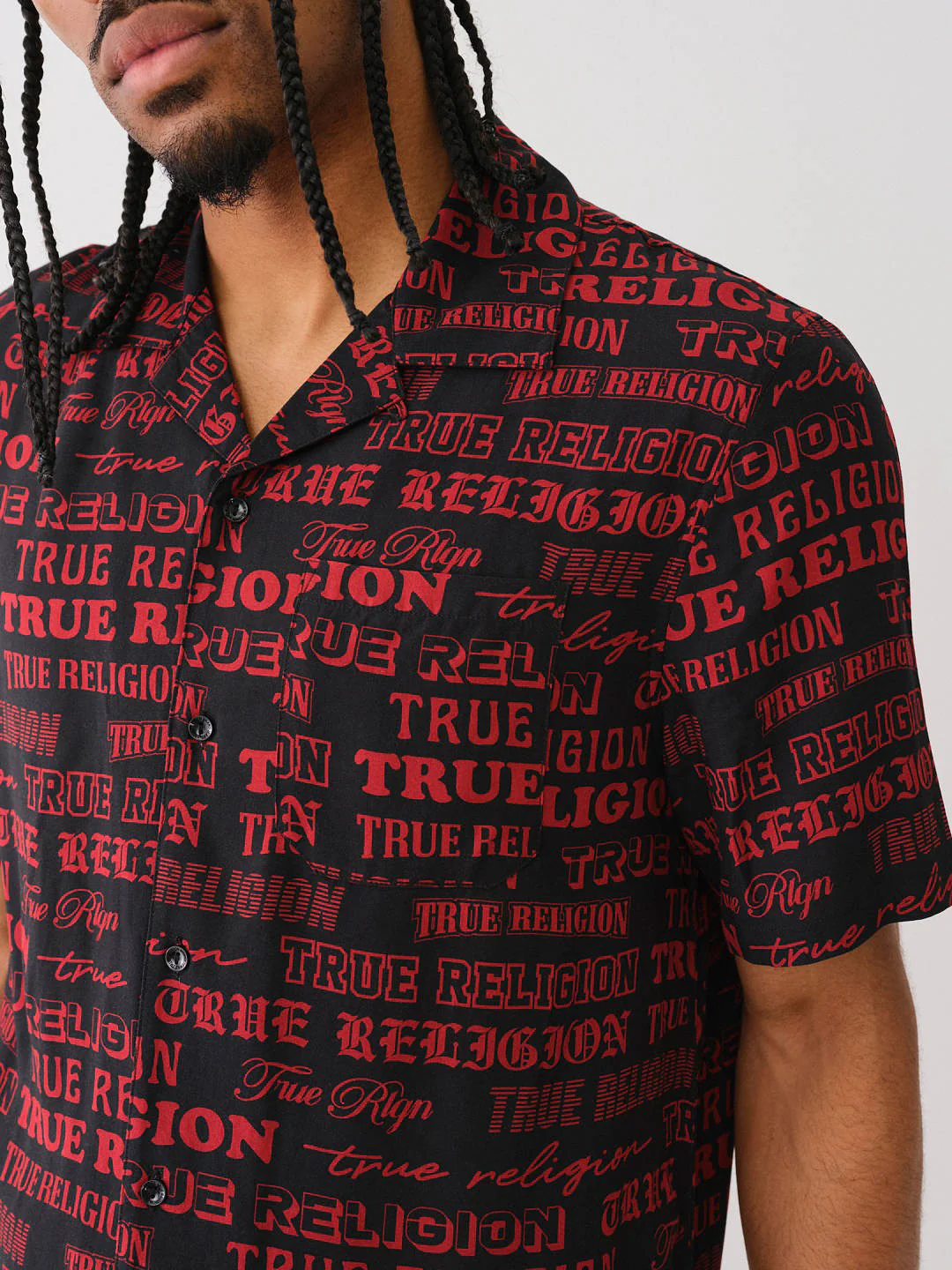 True Religion Men Black Printed Cuban Collar Short Sleeves Shirt - Image 5