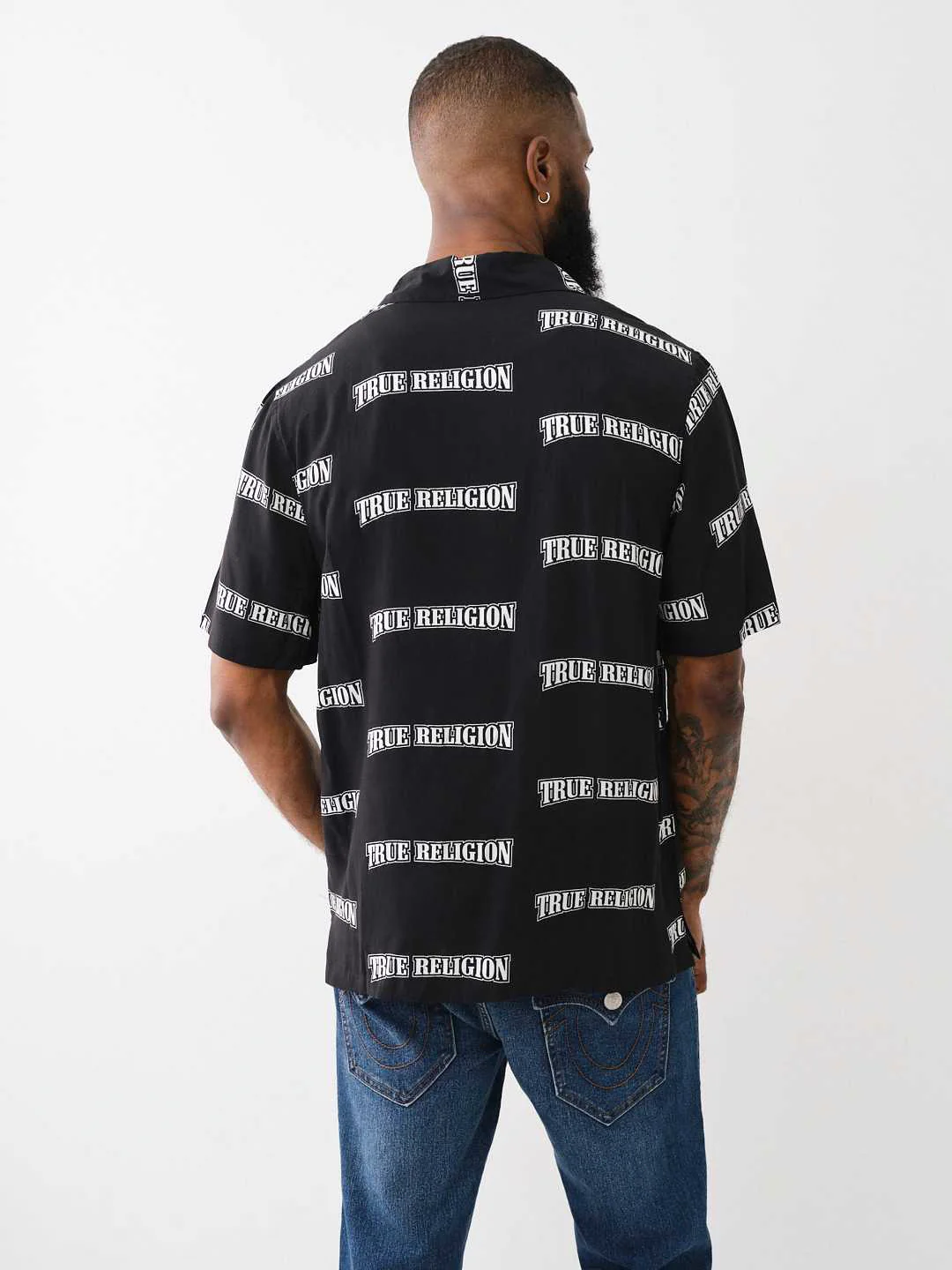 True Religion Men Black Printed Cuban Collar Short Sleeves Shirt - Image 2