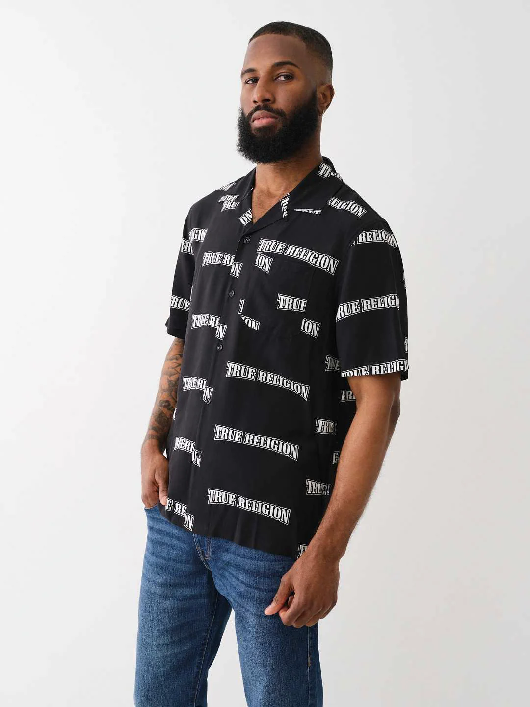 True Religion Men Black Printed Cuban Collar Short Sleeves Shirt - Image 4