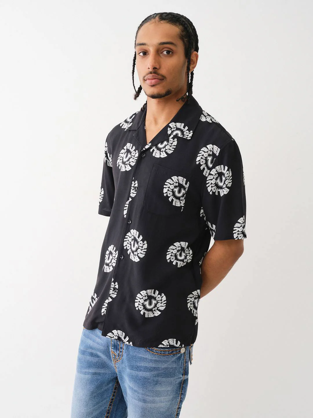 True Religion Men Black Printed Cuban Collar Short Sleeves Shirt - Image 3