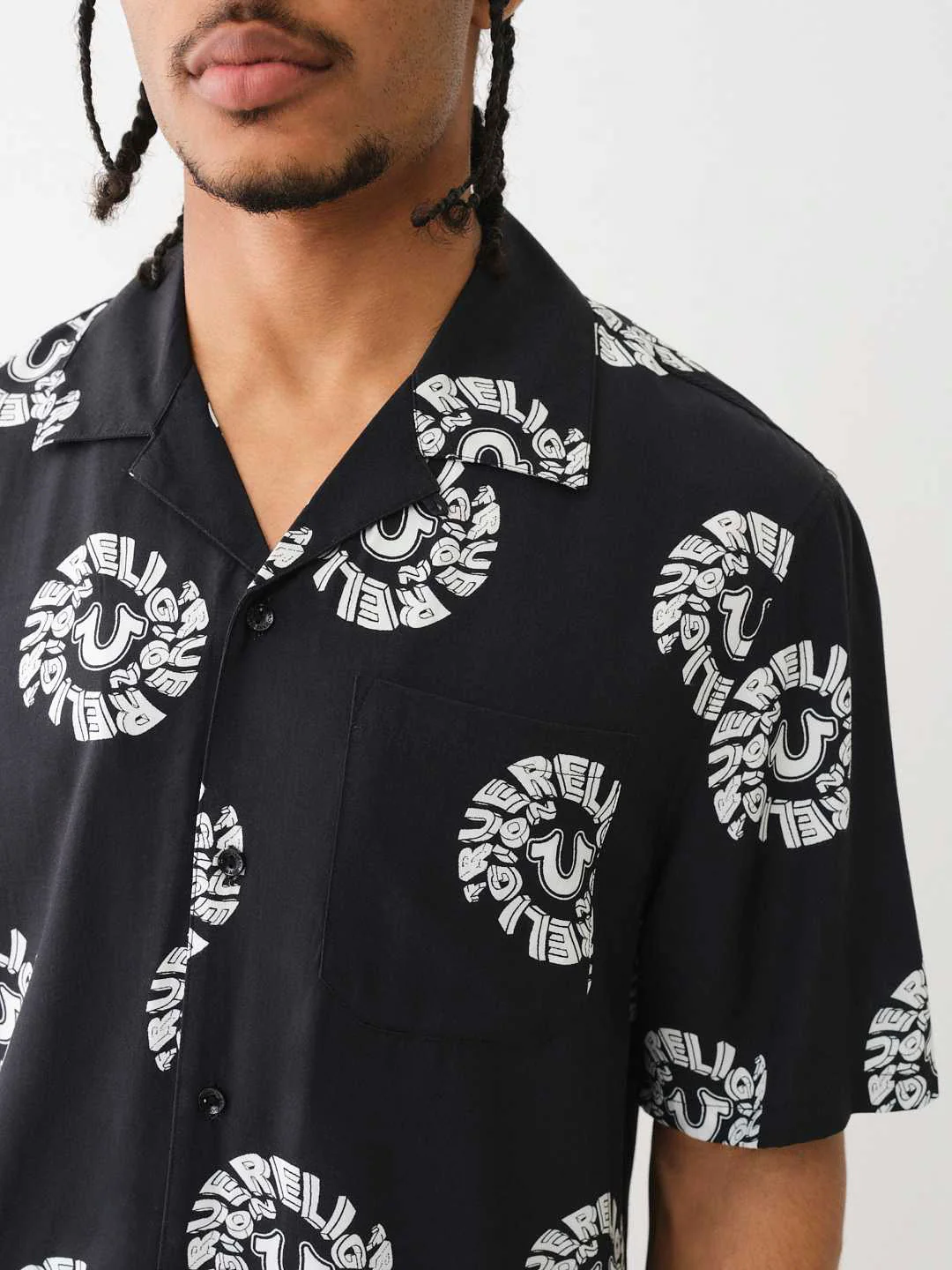 True Religion Men Black Printed Cuban Collar Short Sleeves Shirt - Image 5