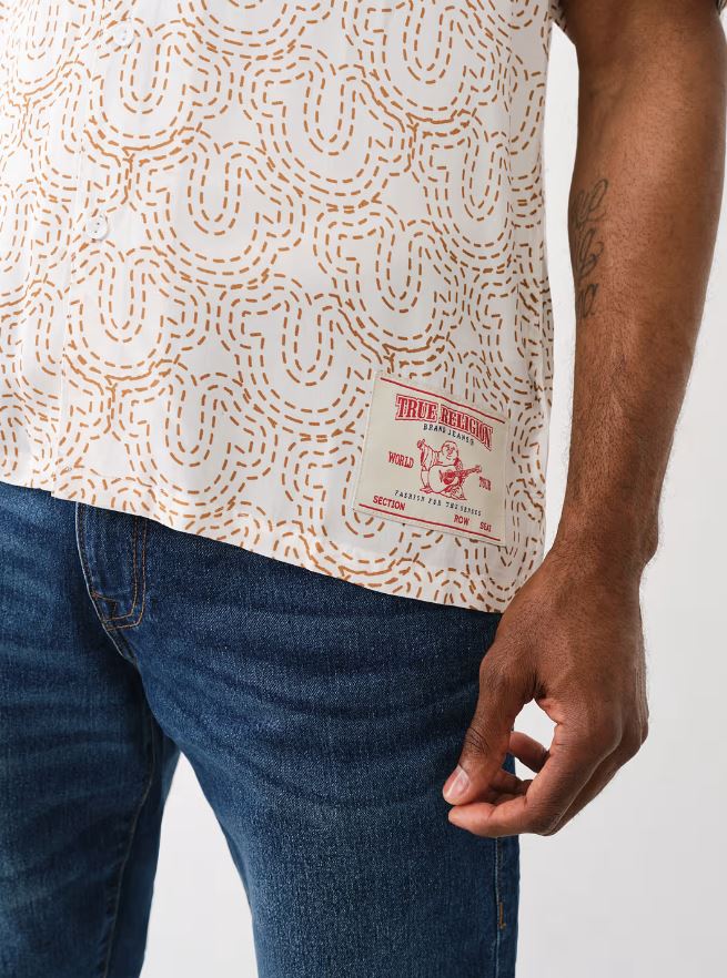 True Religion Men Beige Printed Cuban Collar Short Sleeves Shirt - Image 4