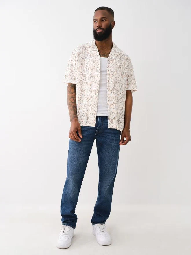 True Religion Men Beige Printed Cuban Collar Short Sleeves Shirt - Image 5