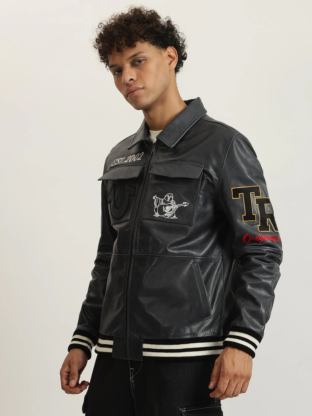 True Religion Men Navy Embellished Spread Collar Full Sleeves Biker Jacket - Image 2