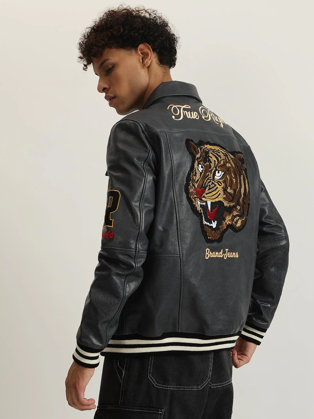 True Religion Men Navy Embellished Spread Collar Full Sleeves Biker Jacket - Image 3