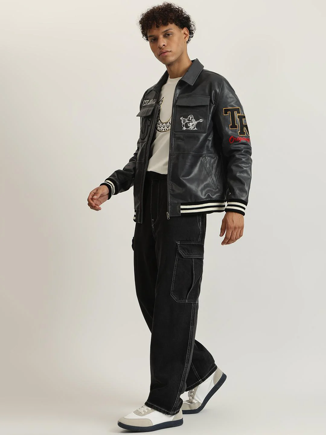 True Religion Men Navy Embellished Spread Collar Full Sleeves Biker Jacket - Image 4