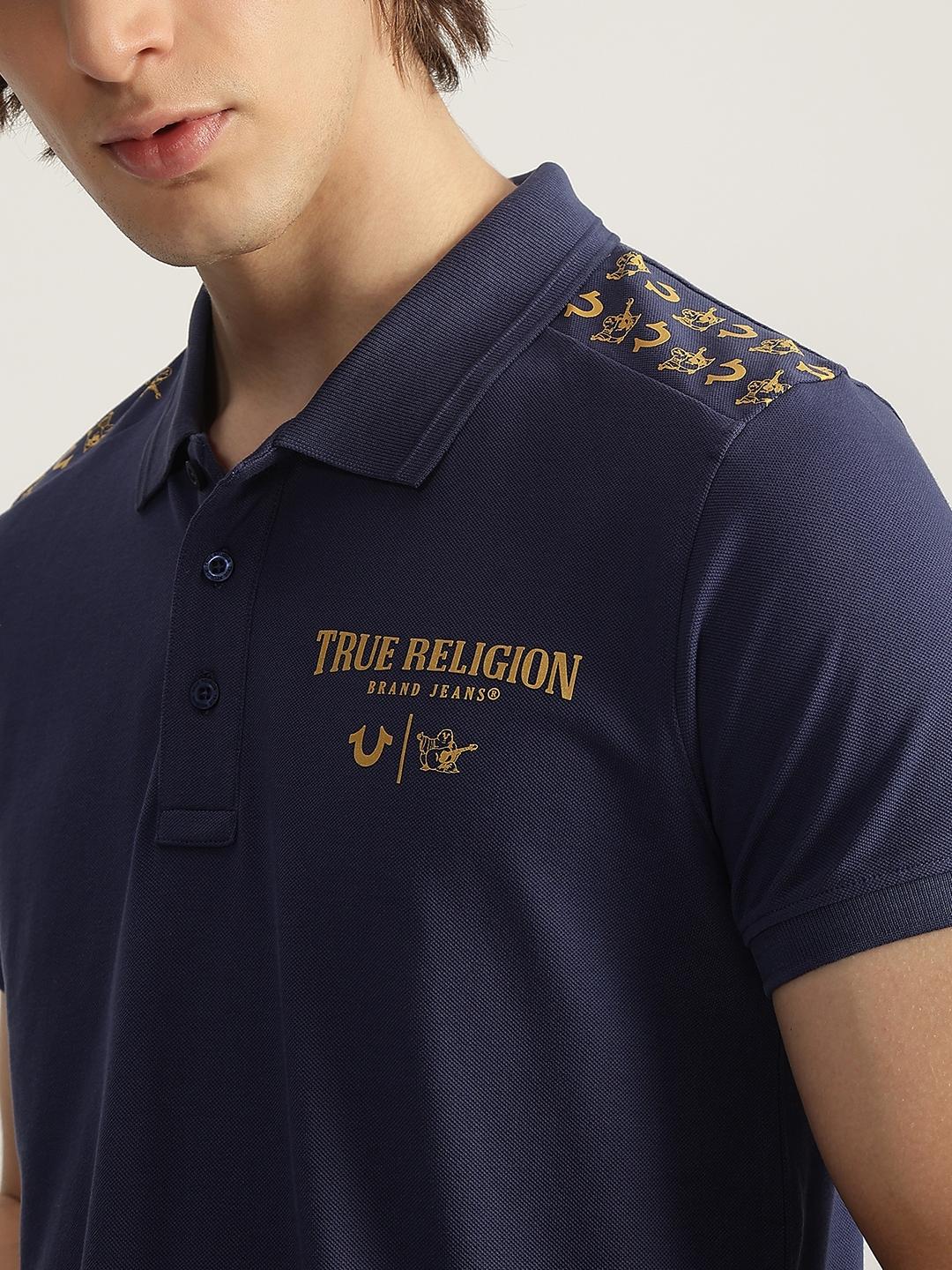 True Religion Men Blue Solid Polo Neck Short Sleeves T-Shirt - Image 5