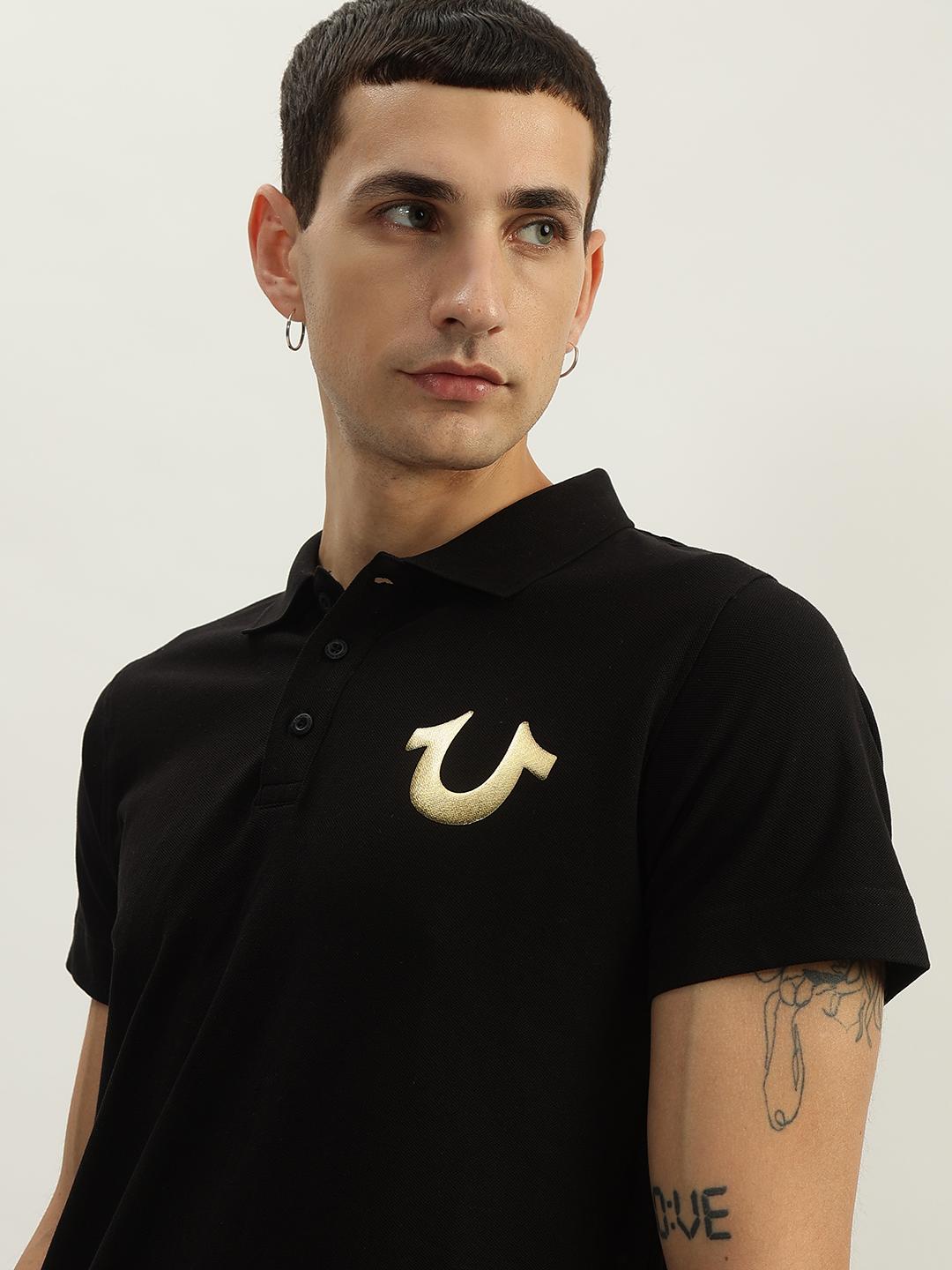 True Religion Men Black Solid Polo Collar Short Sleeves Polo T-Shirt - Image 5