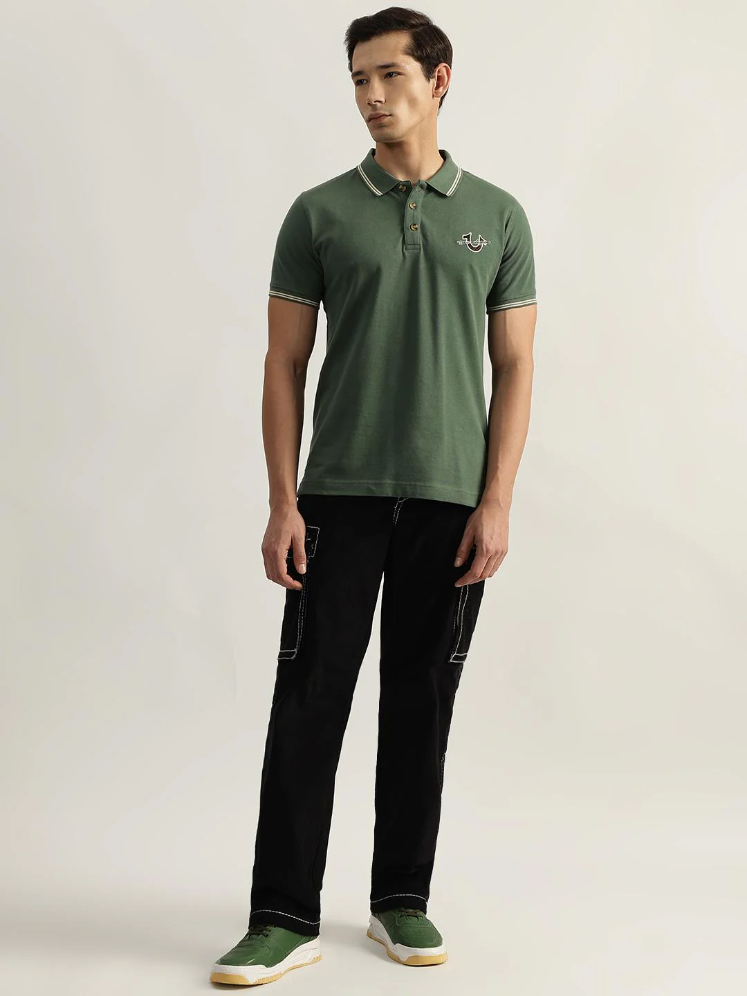 True Religion Men Green Solid Polo Collar Short Sleeves T-Shirt - Image 4