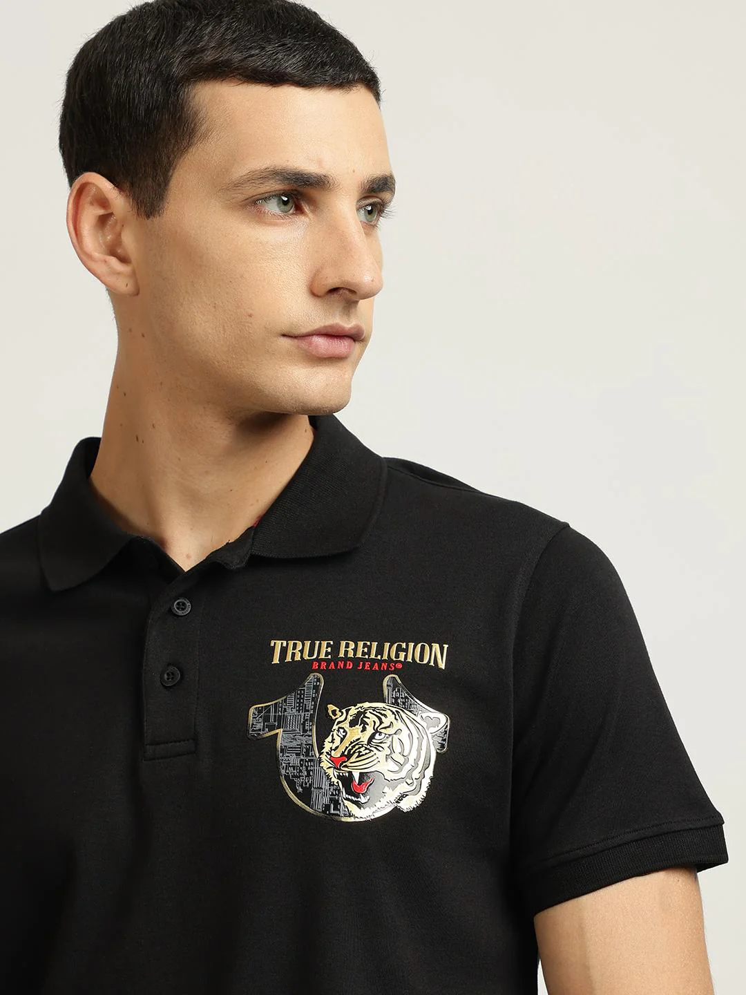 True Religion Men Black Solid Polo Collar Short Sleeves T-shirt - Image 5