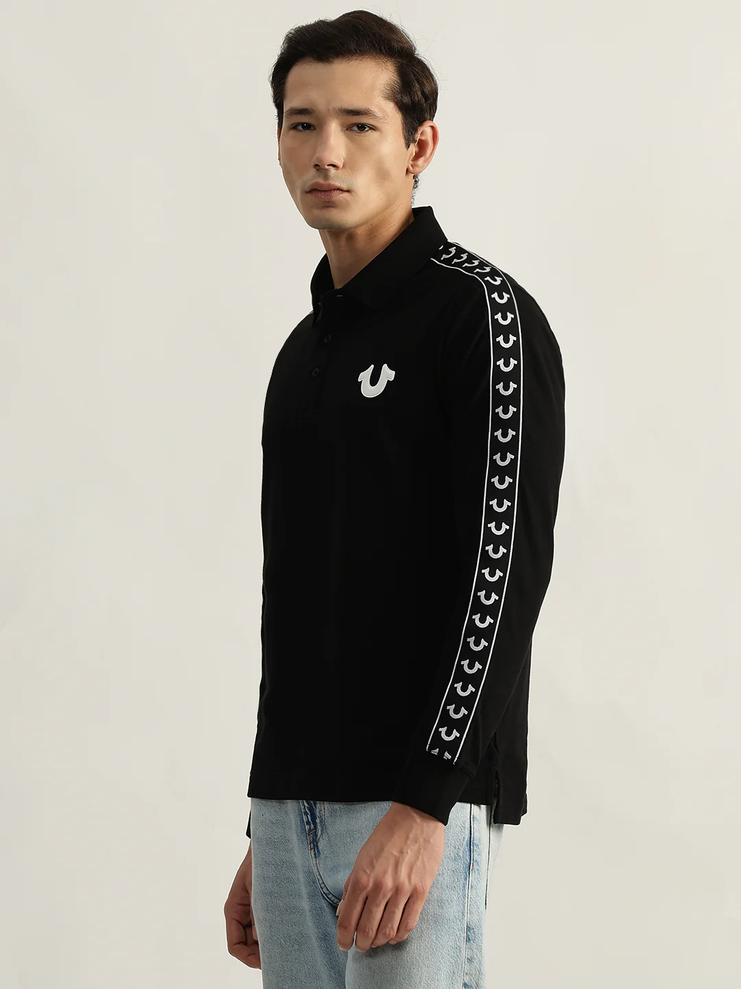 True Religion Men Black Solid Polo Collar Full Sleeves T-Shirt - Image 5