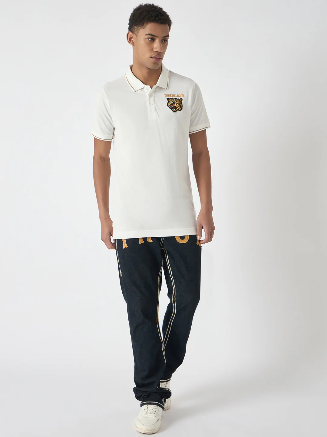 True Religion Men White Solid Polo Collar Short Sleeves Polo T-Shirt - Image 2