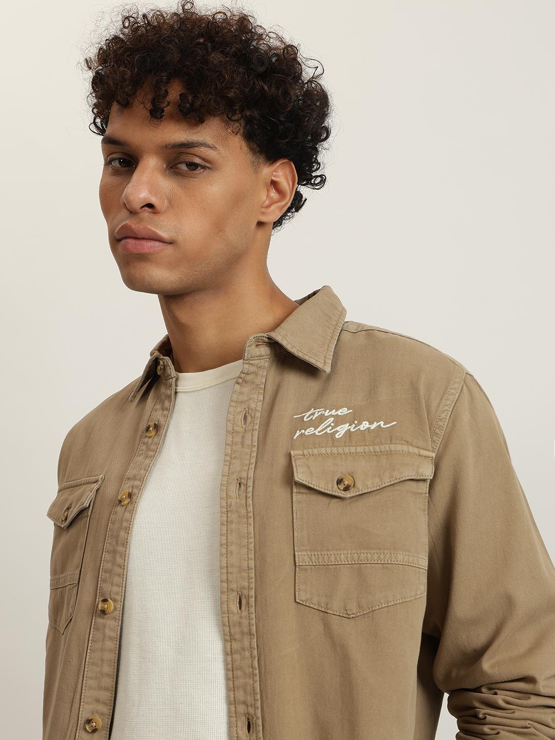 True Religion Men Beige Embroidered Spread Collar Full Sleeves Shirt - Image 5