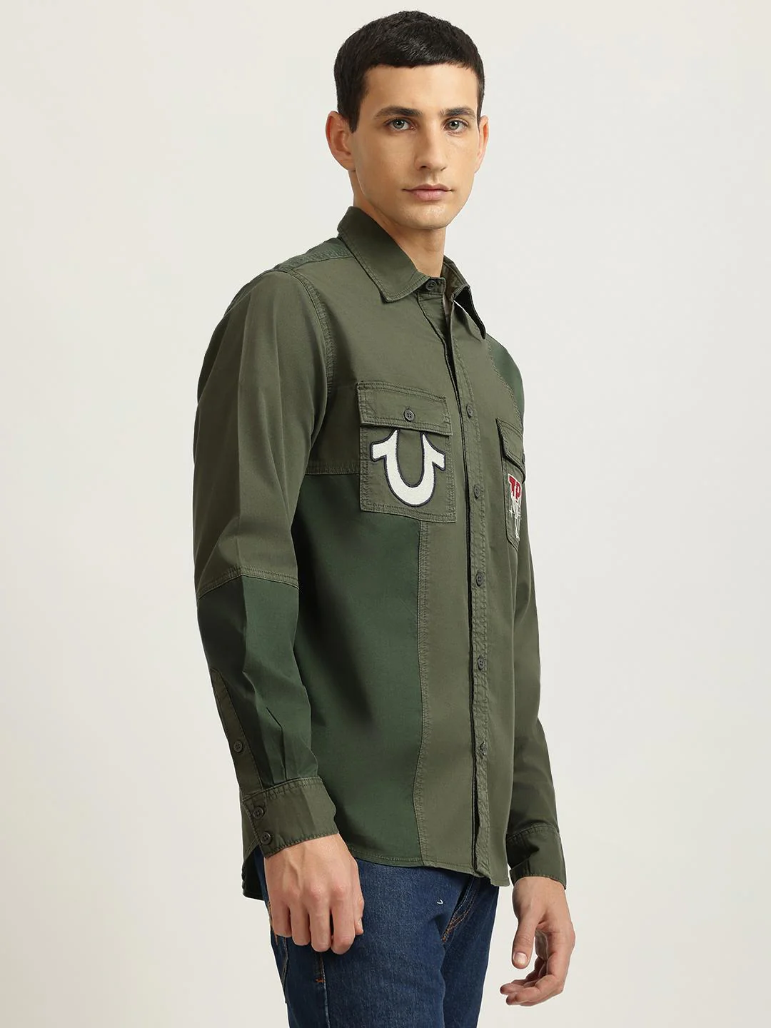 True Religion Men Green Embroidered Spread Collar Full Sleeves Shirt - Image 2
