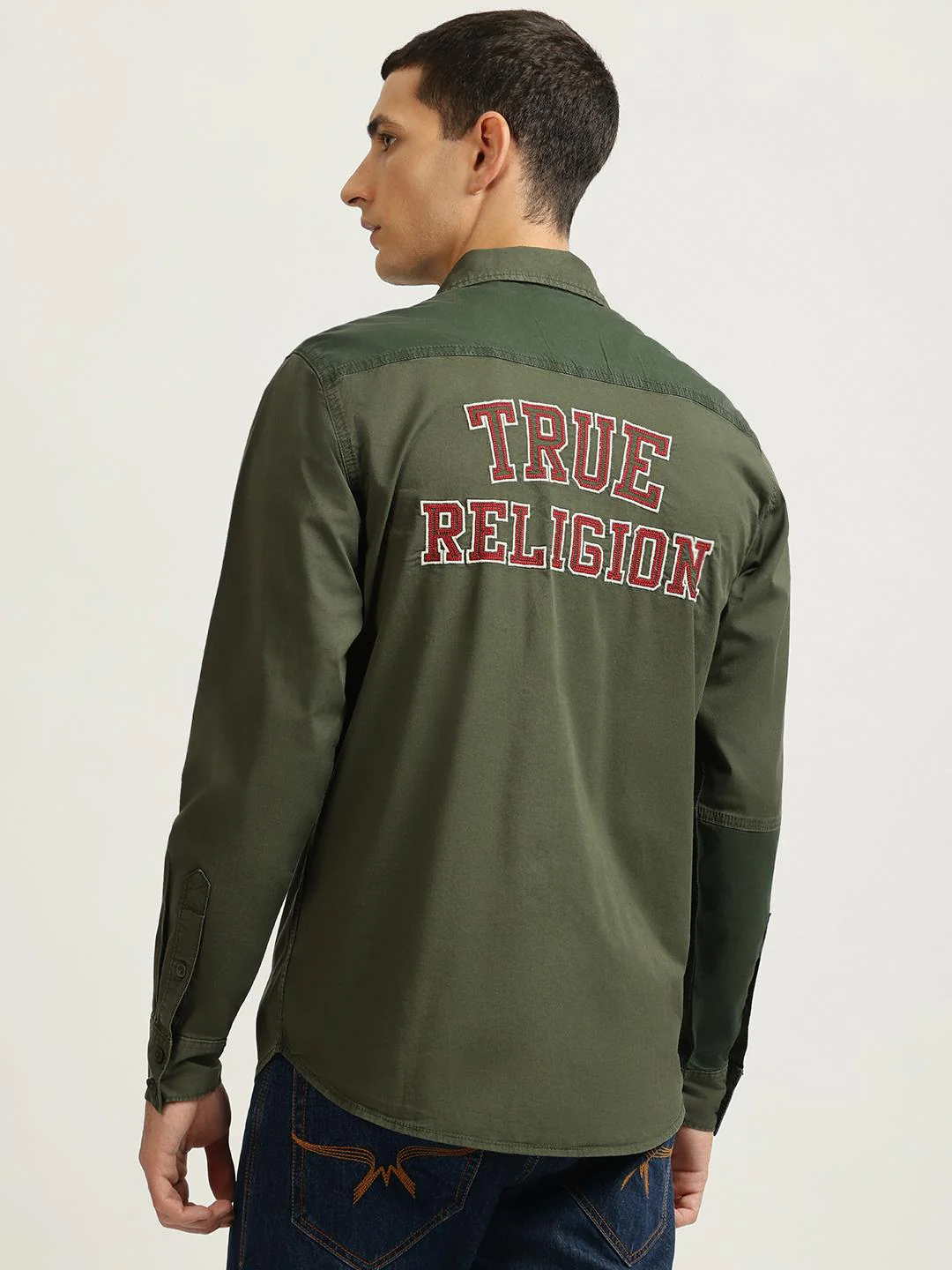True Religion Men Green Embroidered Spread Collar Full Sleeves Shirt - Image 3