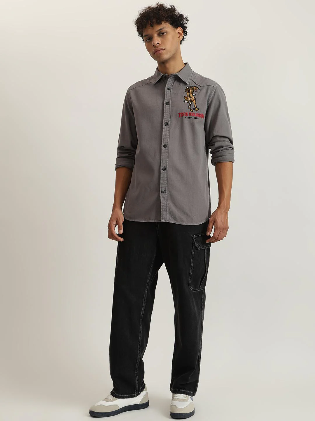 True Religion Men Grey Embroidered Spread Collar Full Sleeves Shirt - Image 4