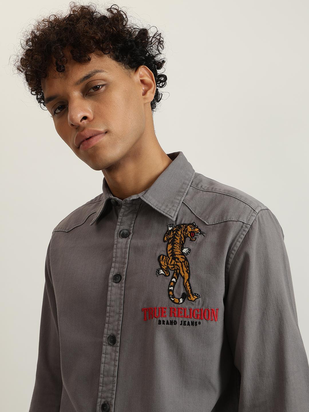 True Religion Men Grey Embroidered Spread Collar Full Sleeves Shirt - Image 5