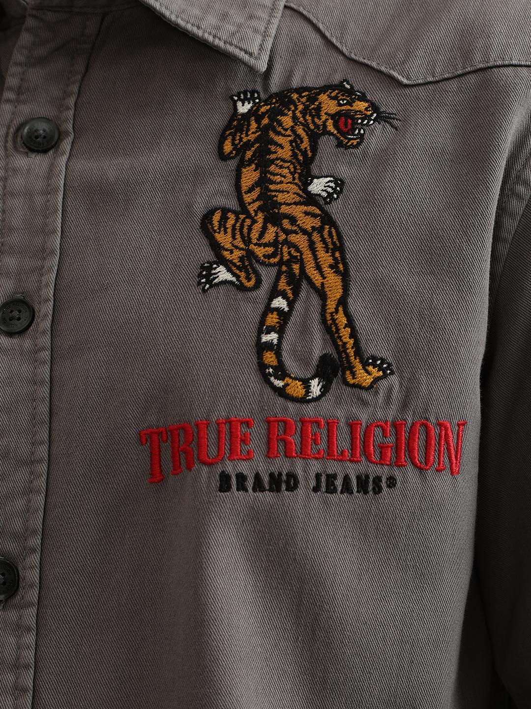 True Religion Men Grey Embroidered Spread Collar Full Sleeves Shirt - Image 6