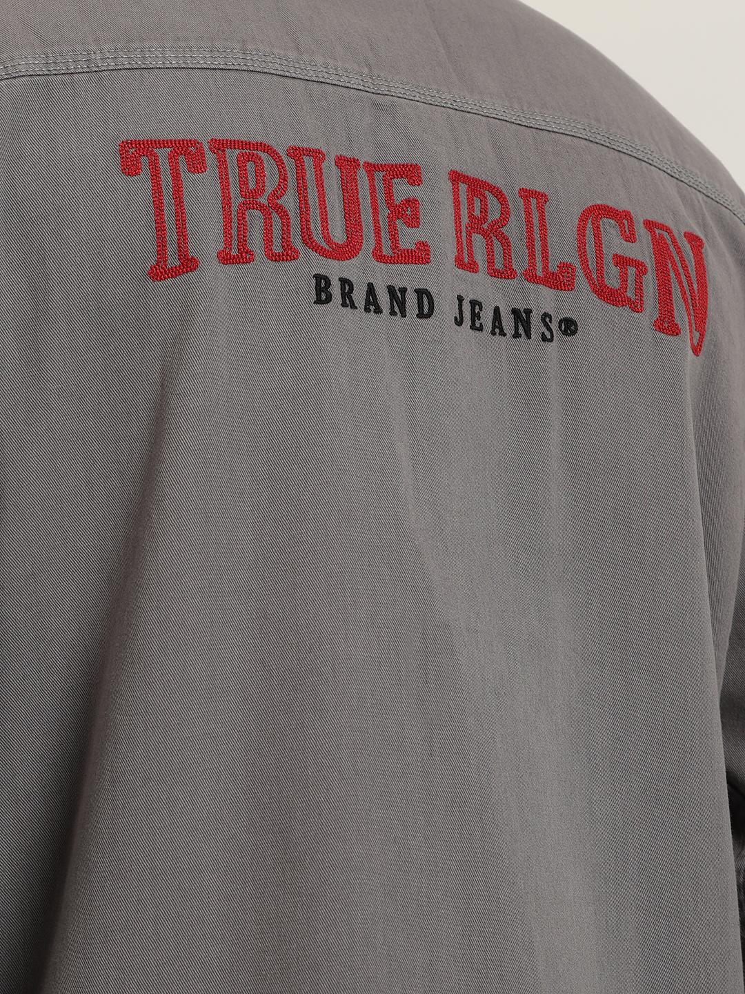 True Religion Men Grey Embroidered Spread Collar Full Sleeves Shirt - Image 7