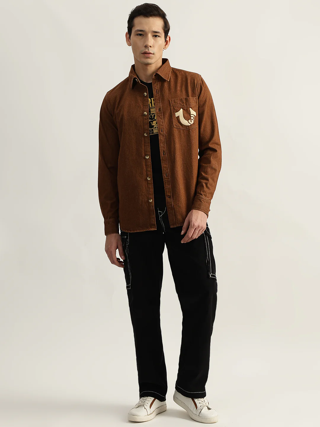 True Religion Men Brown Solid Spread Collar Full Sleeves Shirt - Image 4