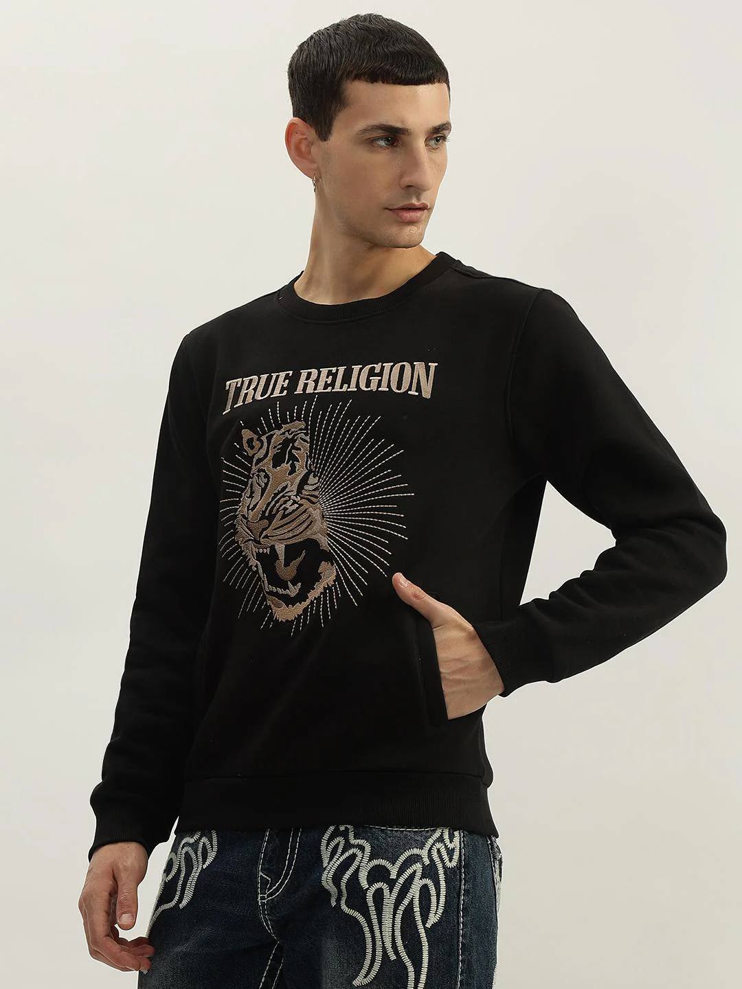 True Religion Men Black Embroidered Round Neck Full Sleeves Sweatshirt - Image 2