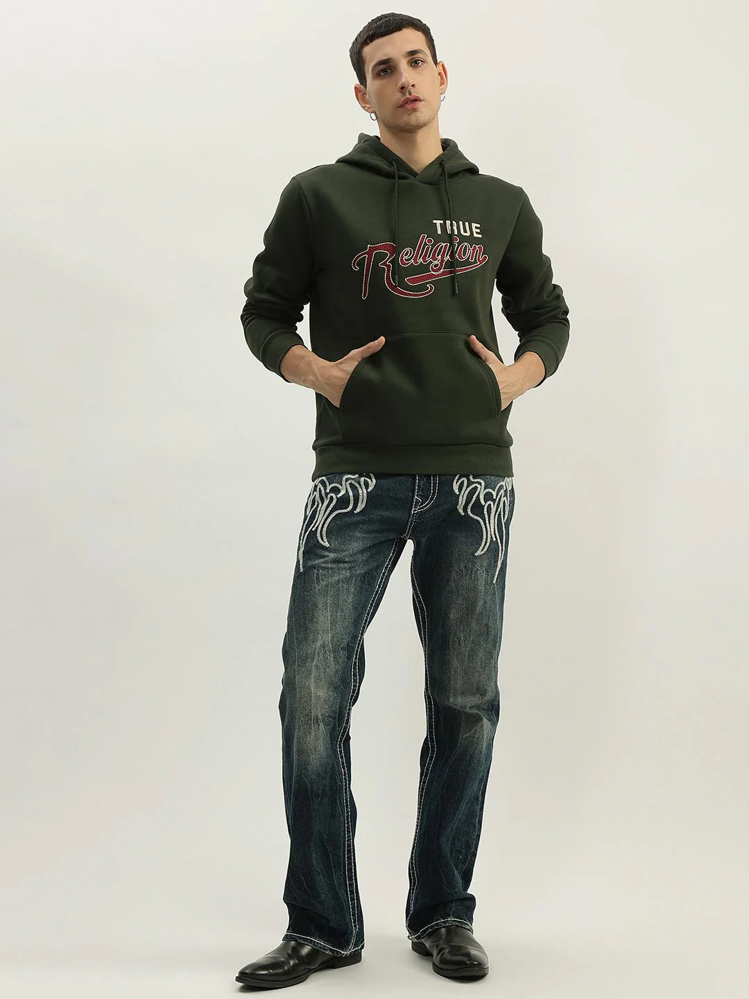 True Religion Men Green Embroidered Hooded Full Sleeves Sweatshirt - Image 4
