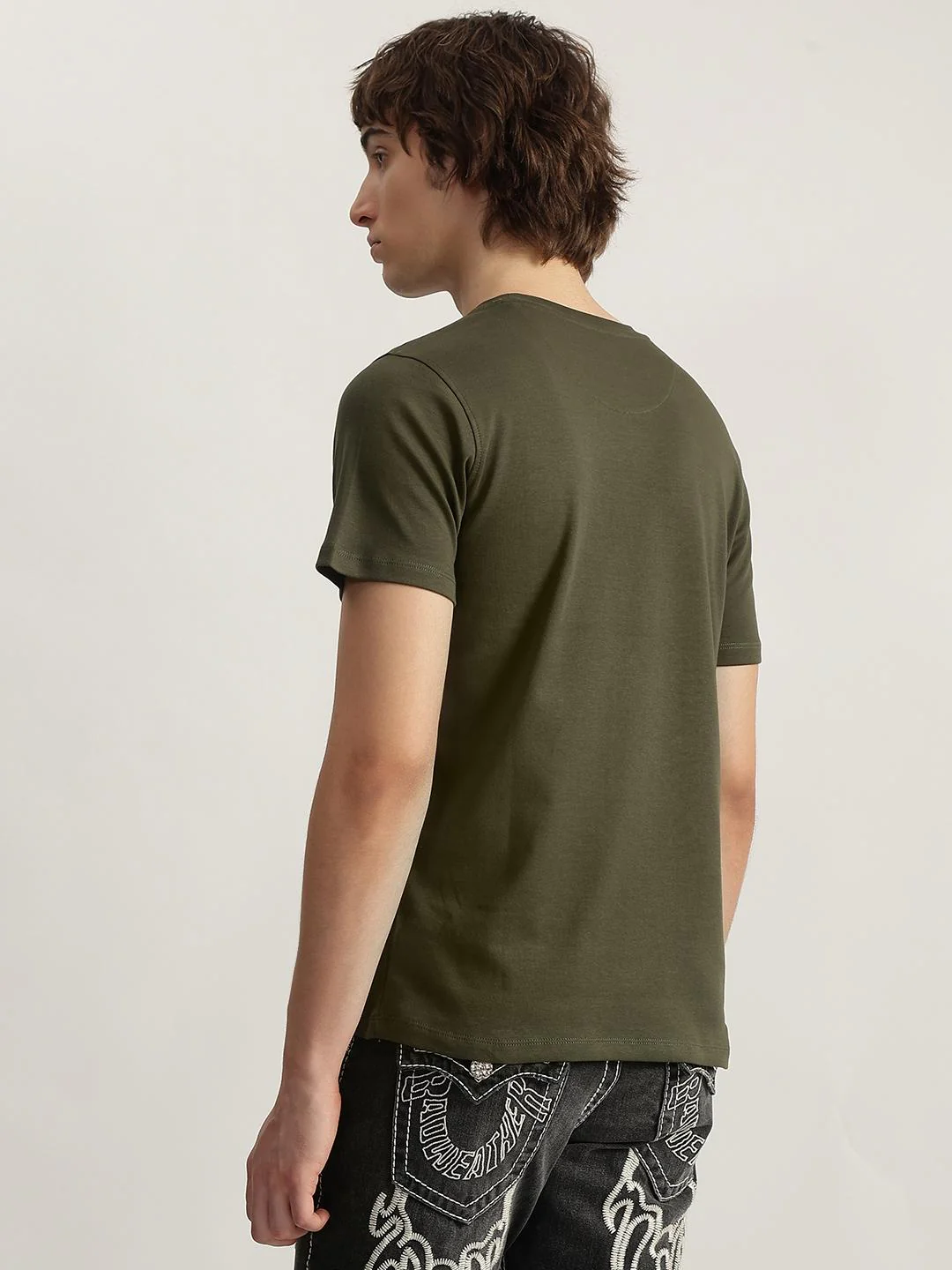 True Religion Men Olive Printed Round Neck Short Sleeves T-Shirt - Image 3