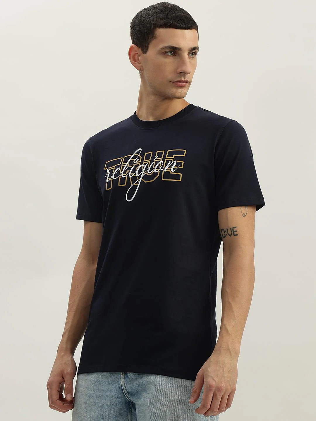 True Religion Men Navy Blue Printed Round Neck Short Sleeves T-Shirt - Image 2
