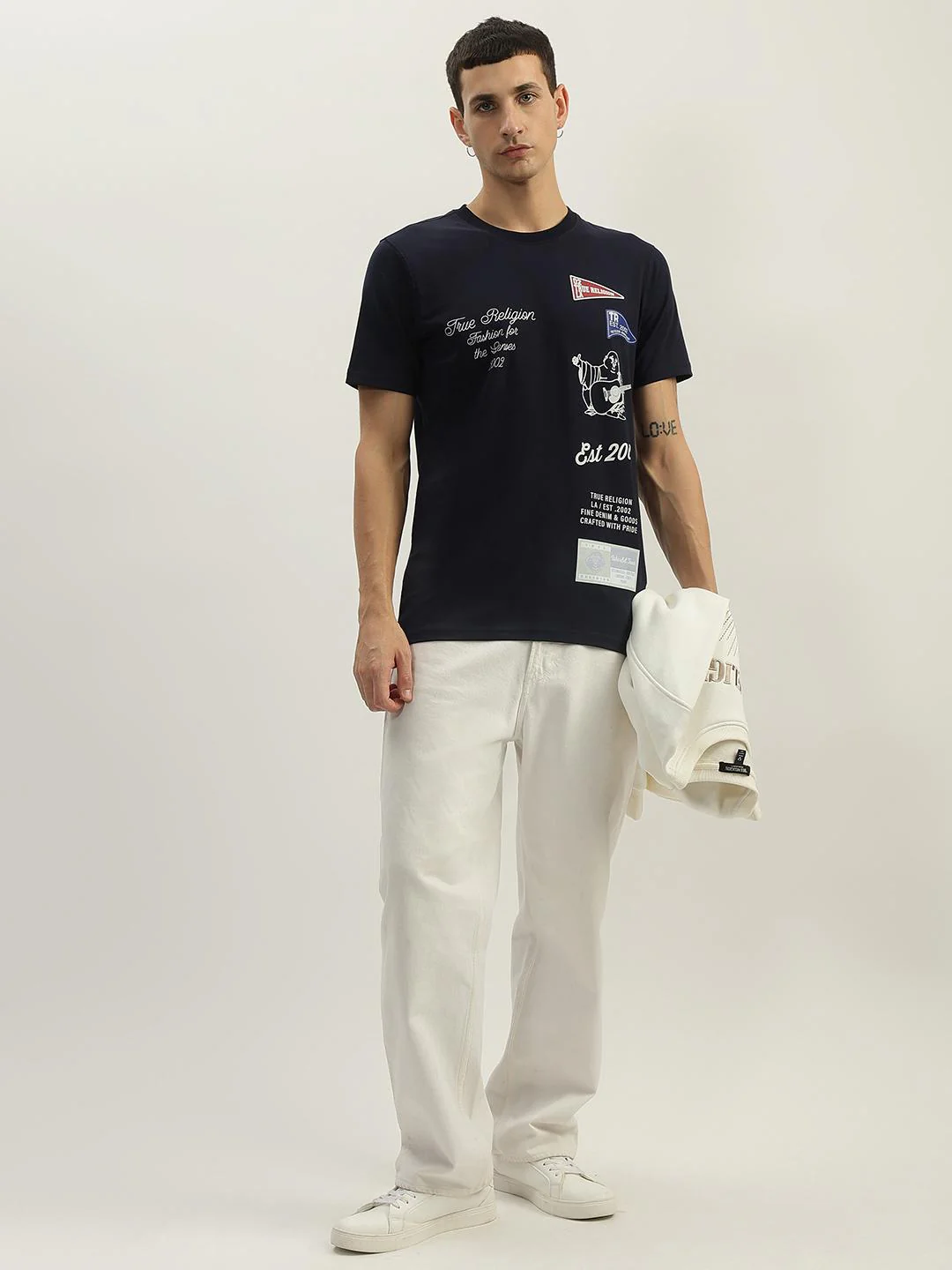 True Religion Men Navy Blue Printed Round Neck Short Sleeves T-Shirt - Image 4