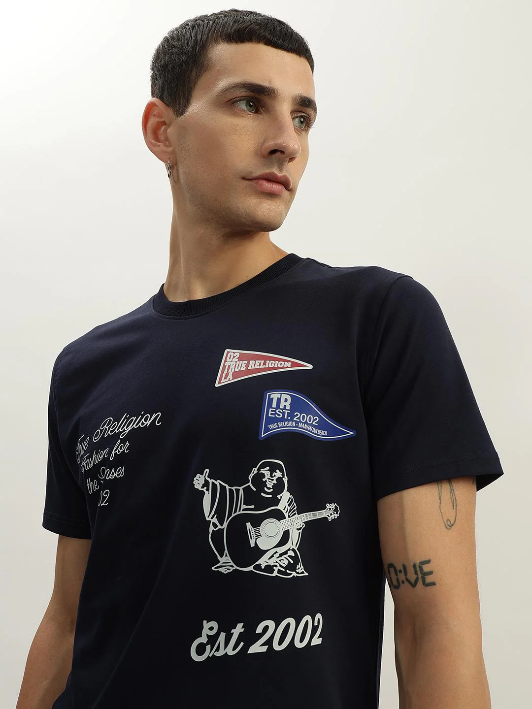 True Religion Men Navy Blue Printed Round Neck Short Sleeves T-Shirt - Image 5