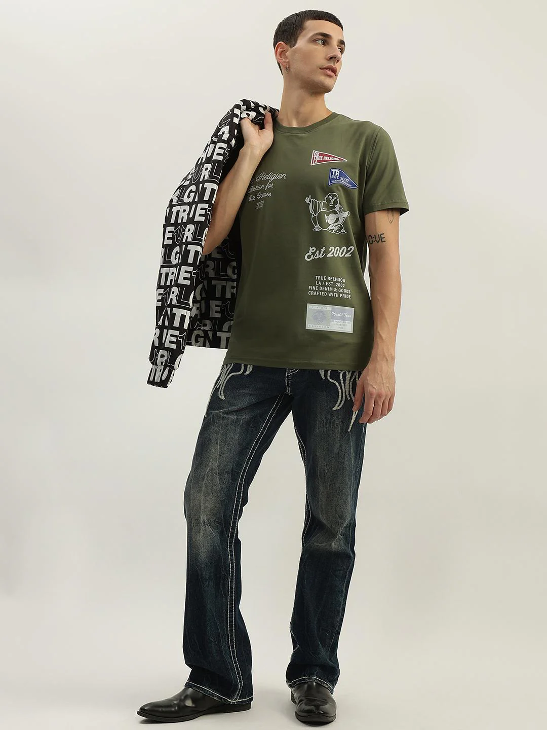 True Religion Men Green Printed Round Neck Short Sleeves T-Shirt - Image 4