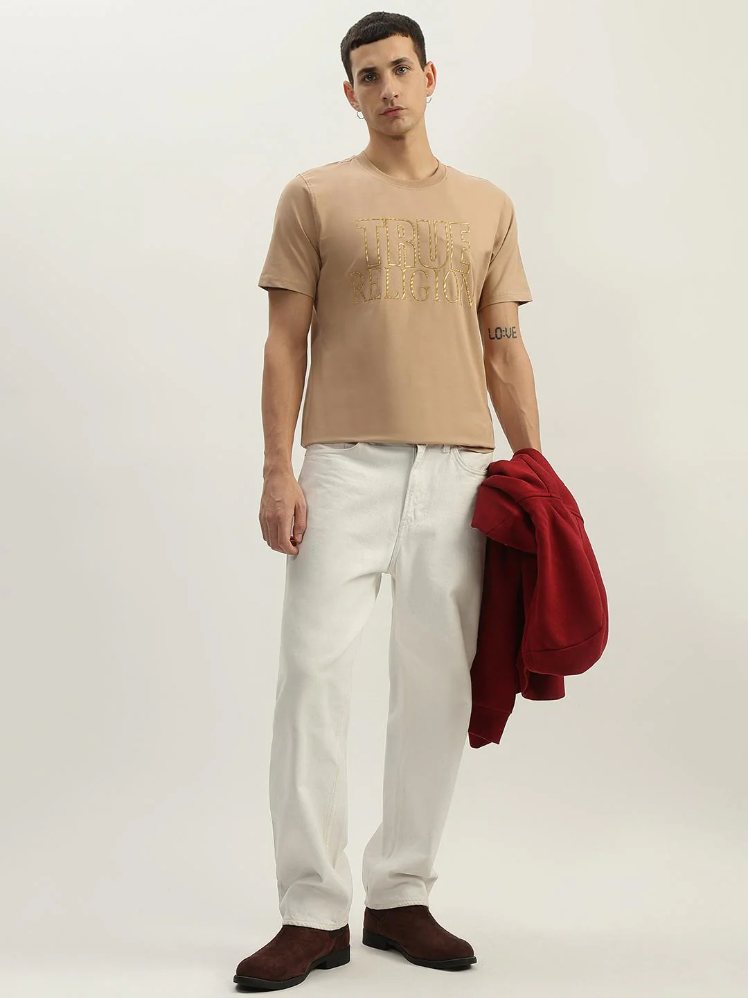 True Religion Men Beige Printed Round Neck Short Sleeves T-Shirt - Image 2