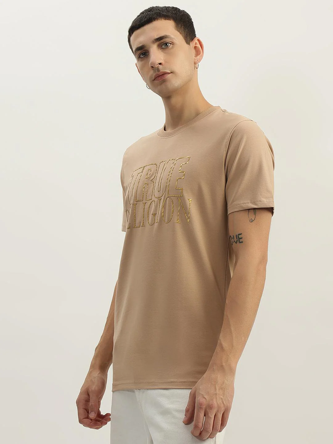 True Religion Men Beige Printed Round Neck Short Sleeves T-Shirt - Image 5