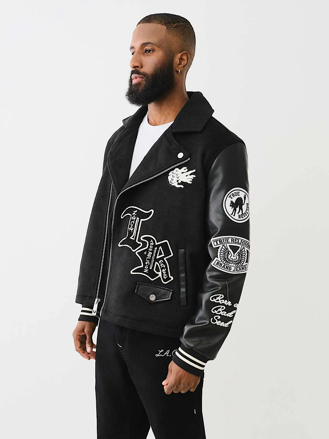 True Religion Men Black Printed Notched Collar Full Sleeves Varsity Jacket - Image 2