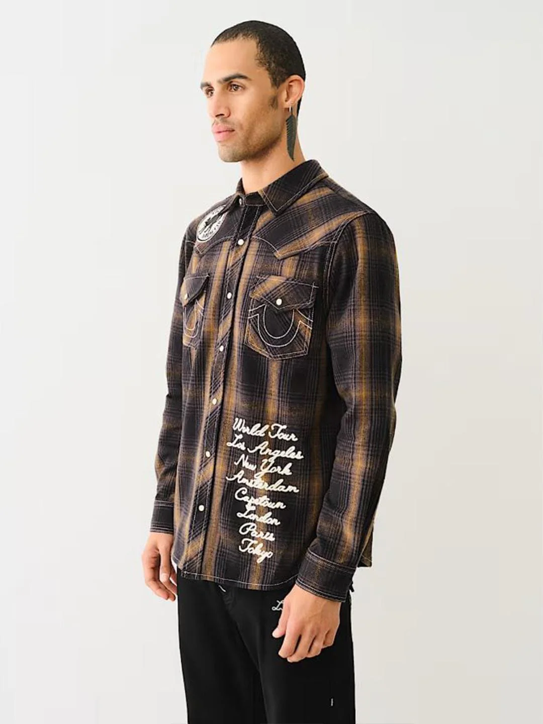 True Religion Mens Black Spread Collar Full Sleeve Patch Work Shirt - Image 6