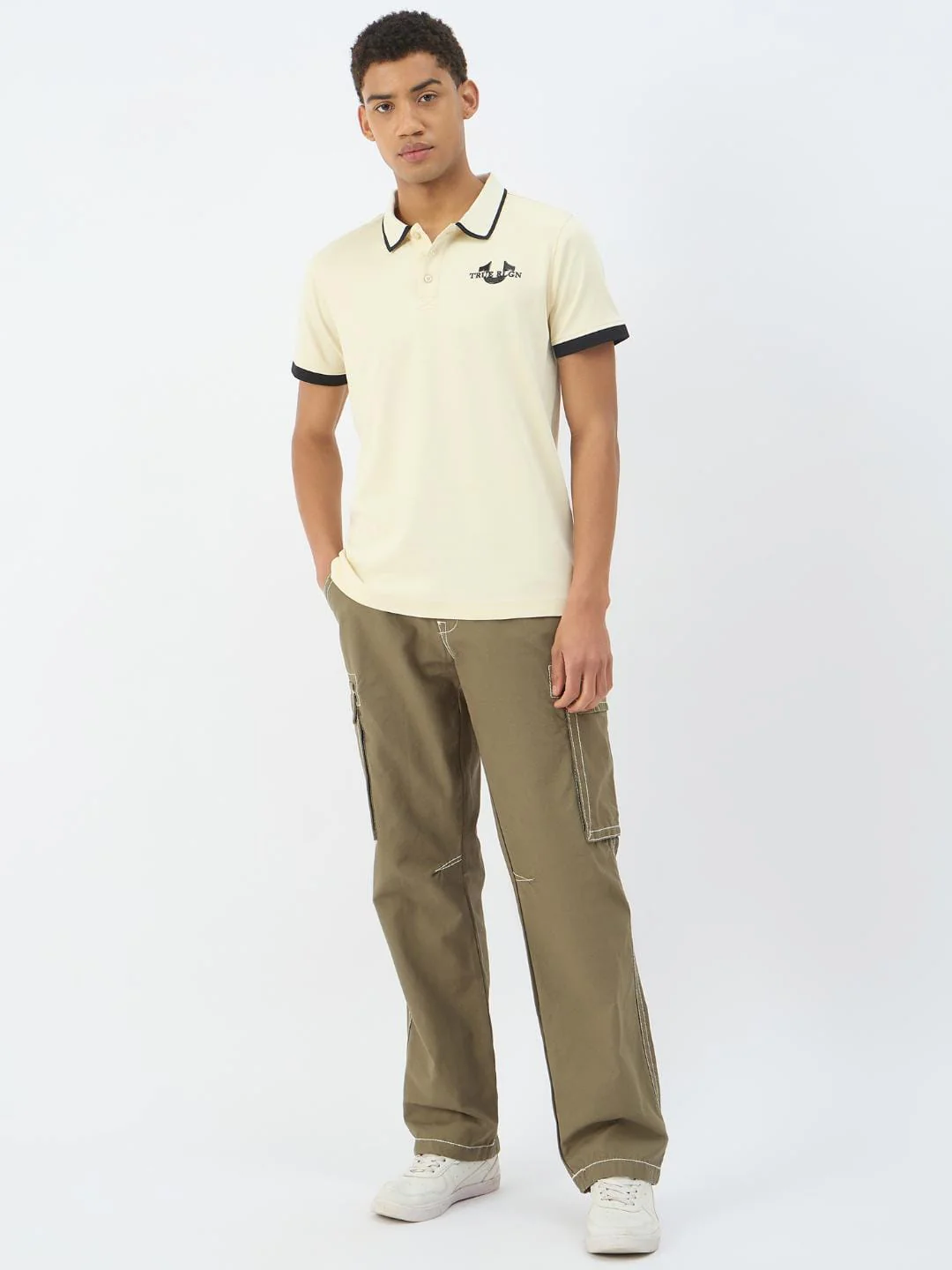 True Religion Men Beige Solid Polo Tshirt - Image 2